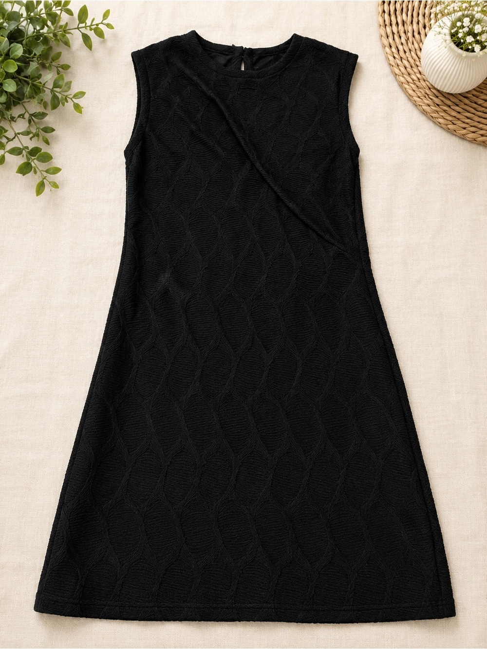 Sleeveless Black Textured Mini Shift Dress